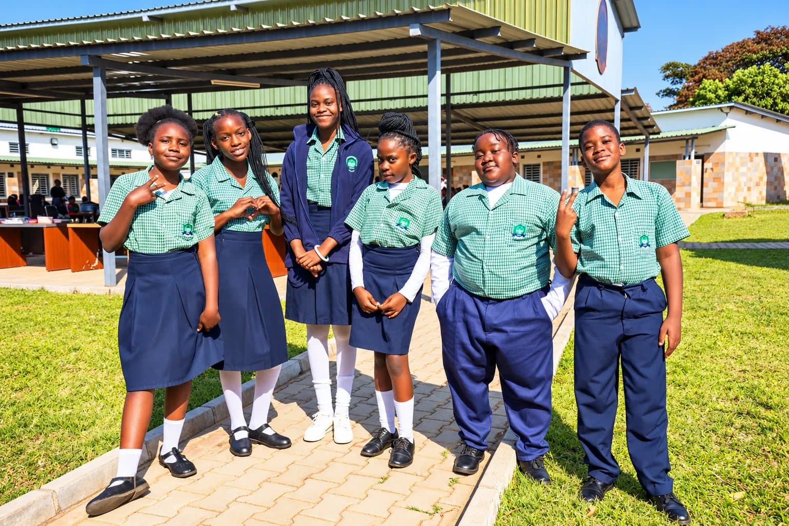 Six school pupils in green and navy school uniforms standing together on the school grounds