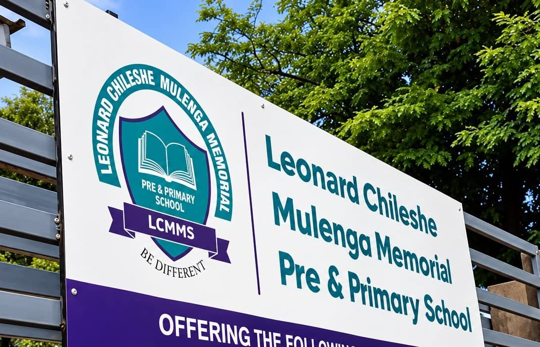 The school sign at the entrance, showing the school crest and the school name
