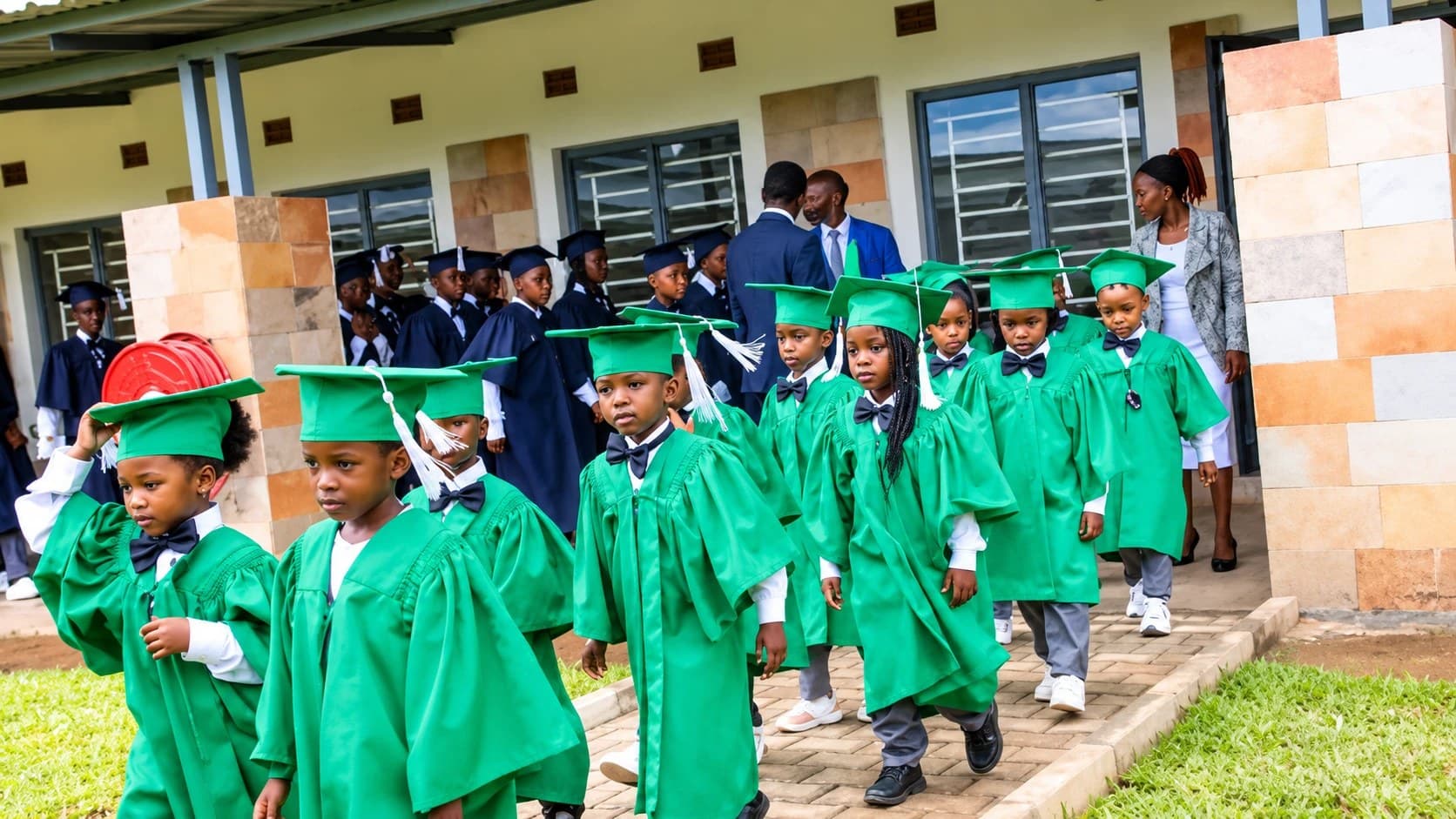 Graduates in green caps and gowns walking out of a classroom block, with older pupils in navy gowns behind them